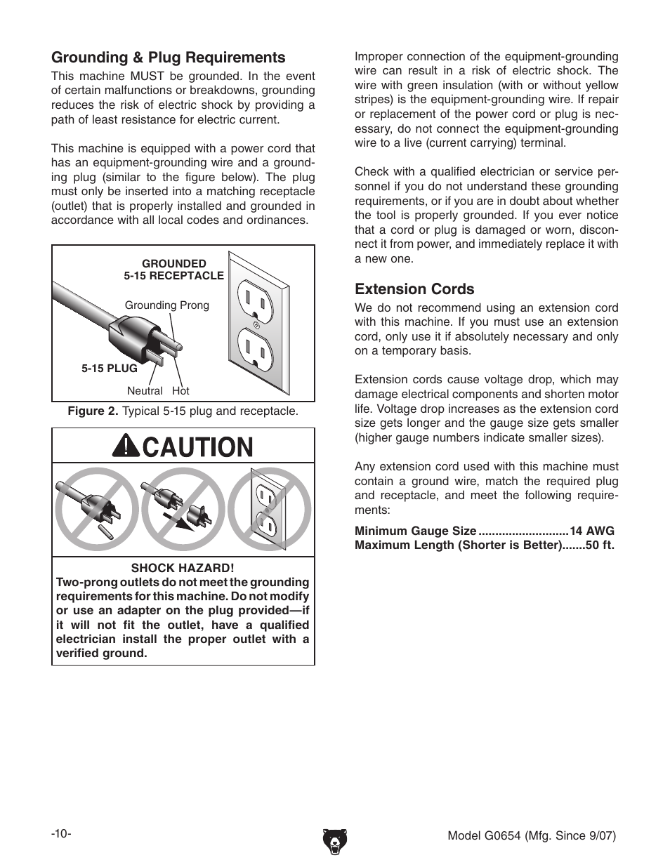 Grounding & plug requirements, Extension cords | Grizzly G0654 User Manual | Page 12 / 56