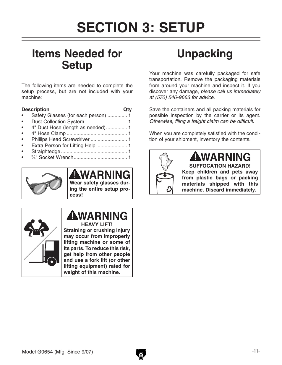 Section 3: setup, Items needed for setup unpacking, Items needed for setup | Unpacking | Grizzly G0654 User Manual | Page 13 / 56