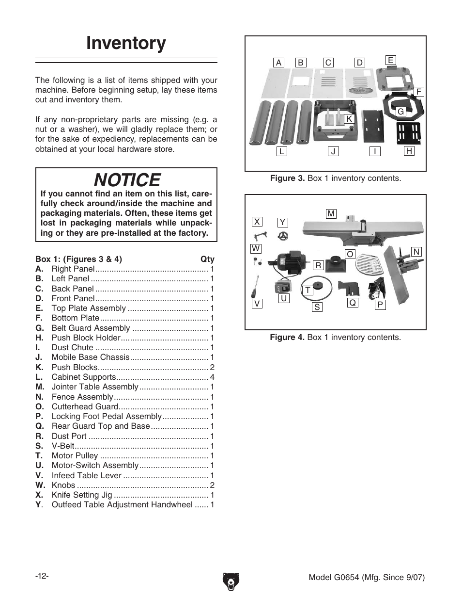 Inventory, Notice | Grizzly G0654 User Manual | Page 14 / 56