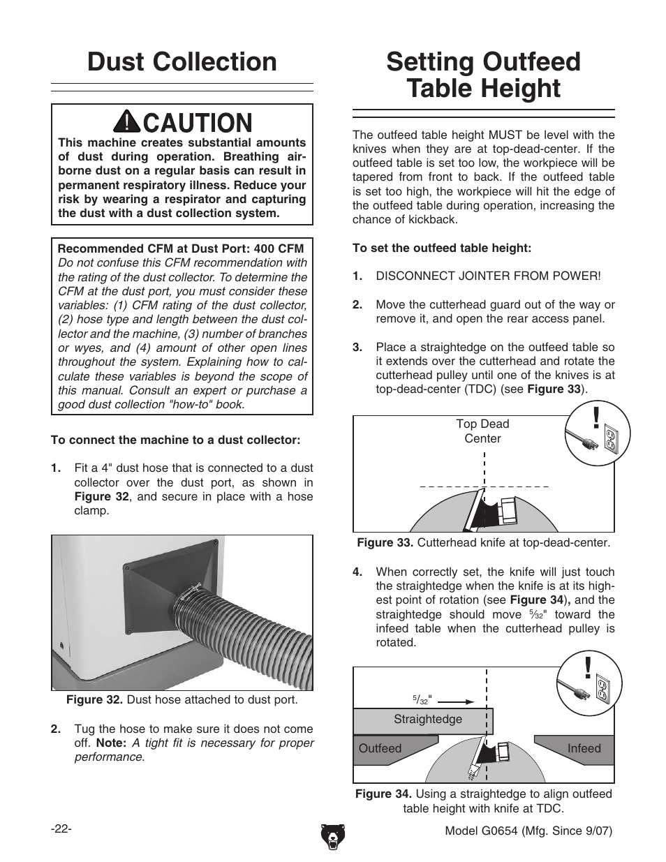 Dust collection setting outfeed table height, Setting outfeed table height dust collection | Grizzly G0654 User Manual | Page 24 / 56