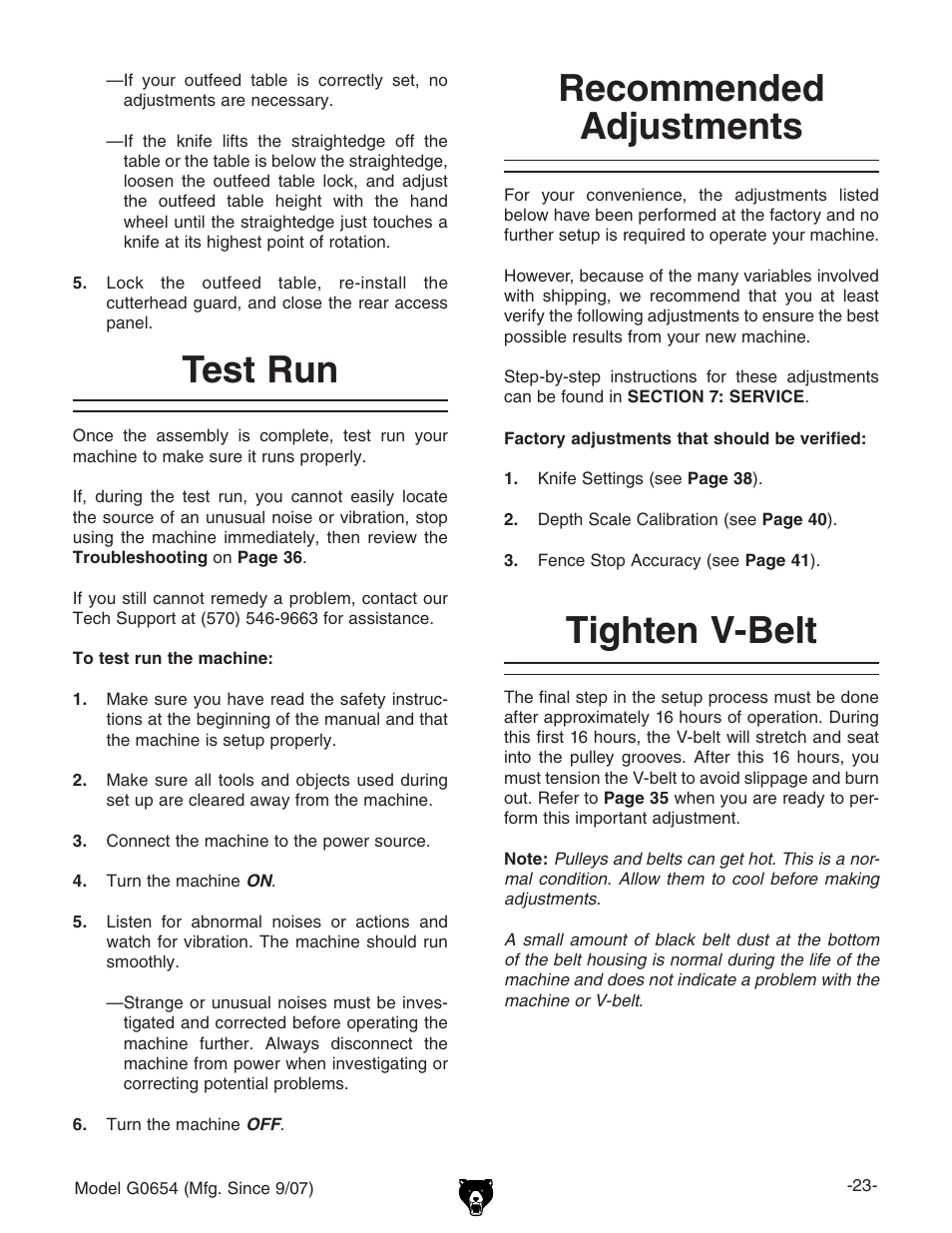 Test run recommended adjustments tighten v-belt, Recommended adjustments tighten v-belt, Test run | Grizzly G0654 User Manual | Page 25 / 56