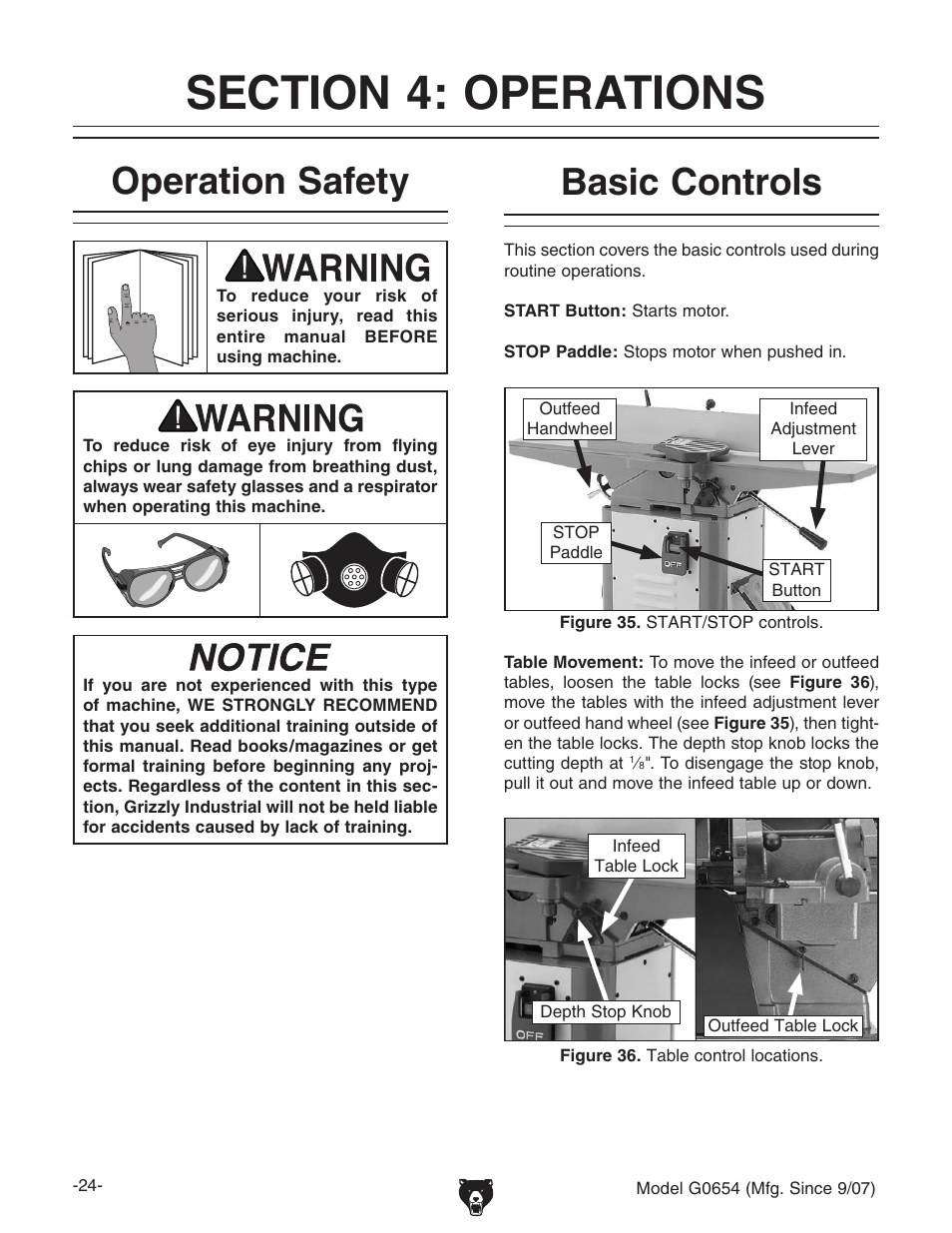 Section 4: operations, Operation safety basic controls, Operation safety | Basic controls | Grizzly G0654 User Manual | Page 26 / 56