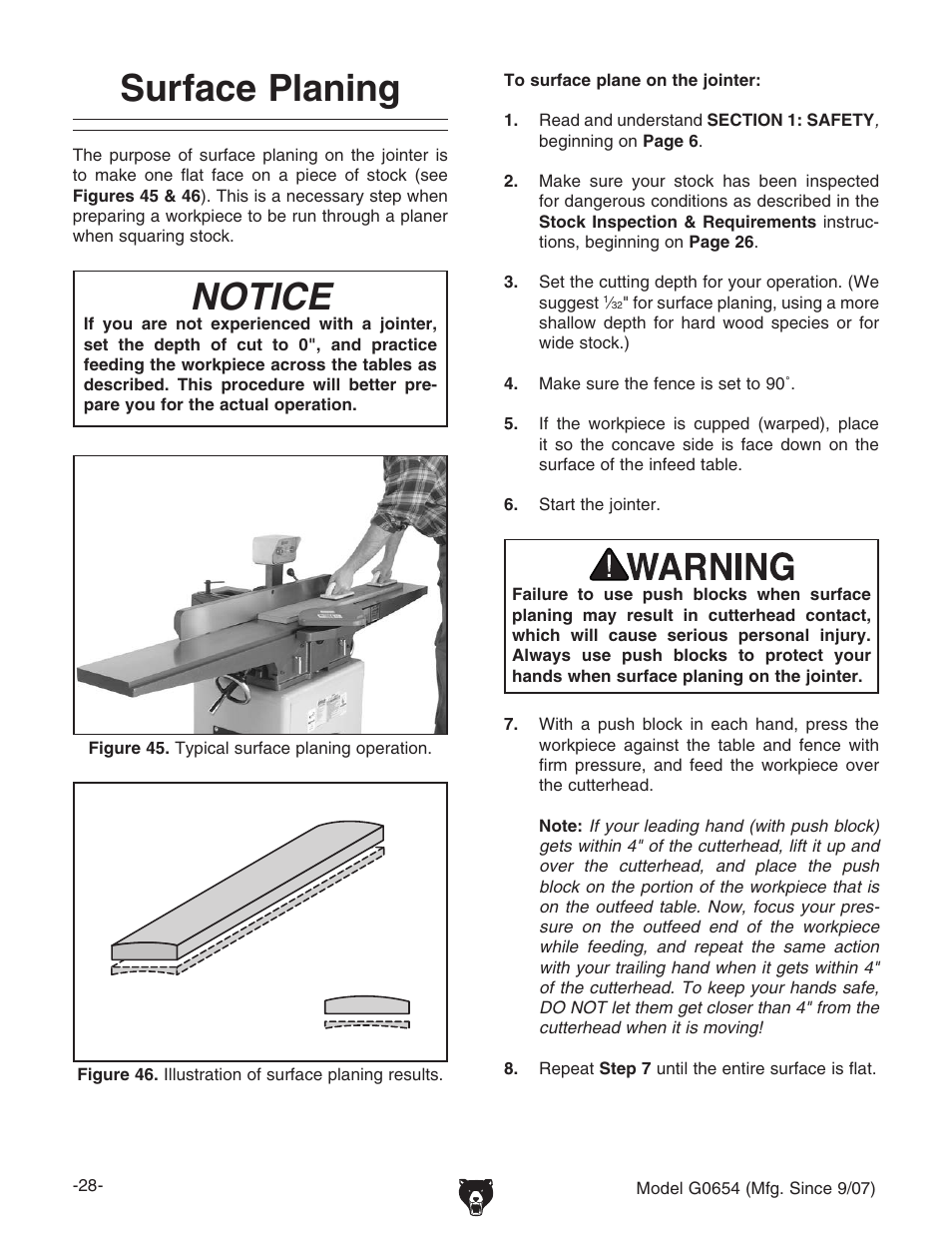 Surface planing, Notice | Grizzly G0654 User Manual | Page 30 / 56