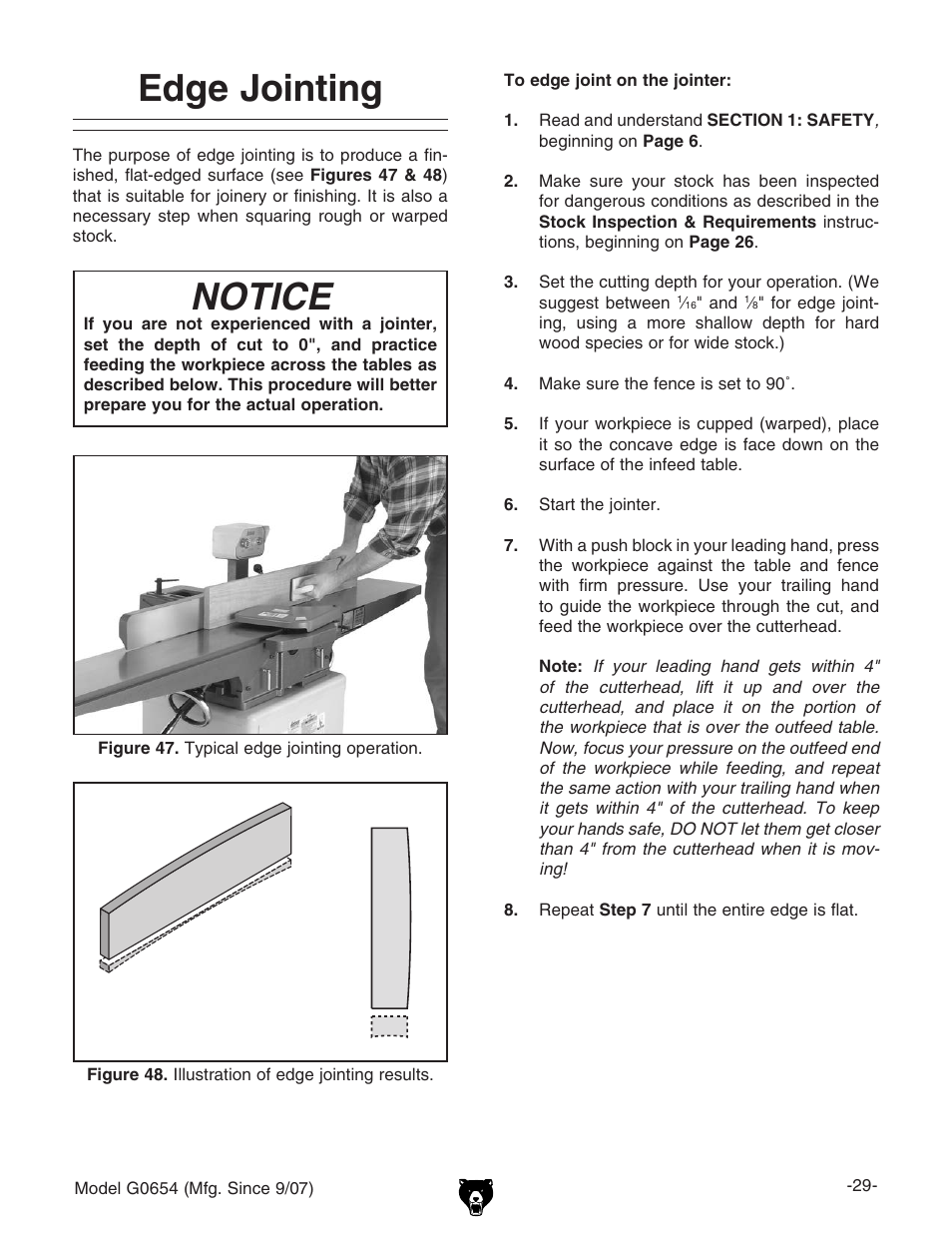 Edge jointing, Notice | Grizzly G0654 User Manual | Page 31 / 56