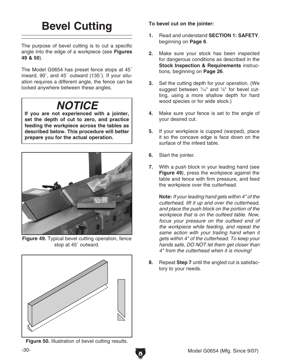 Bevel cutting, Notice | Grizzly G0654 User Manual | Page 32 / 56