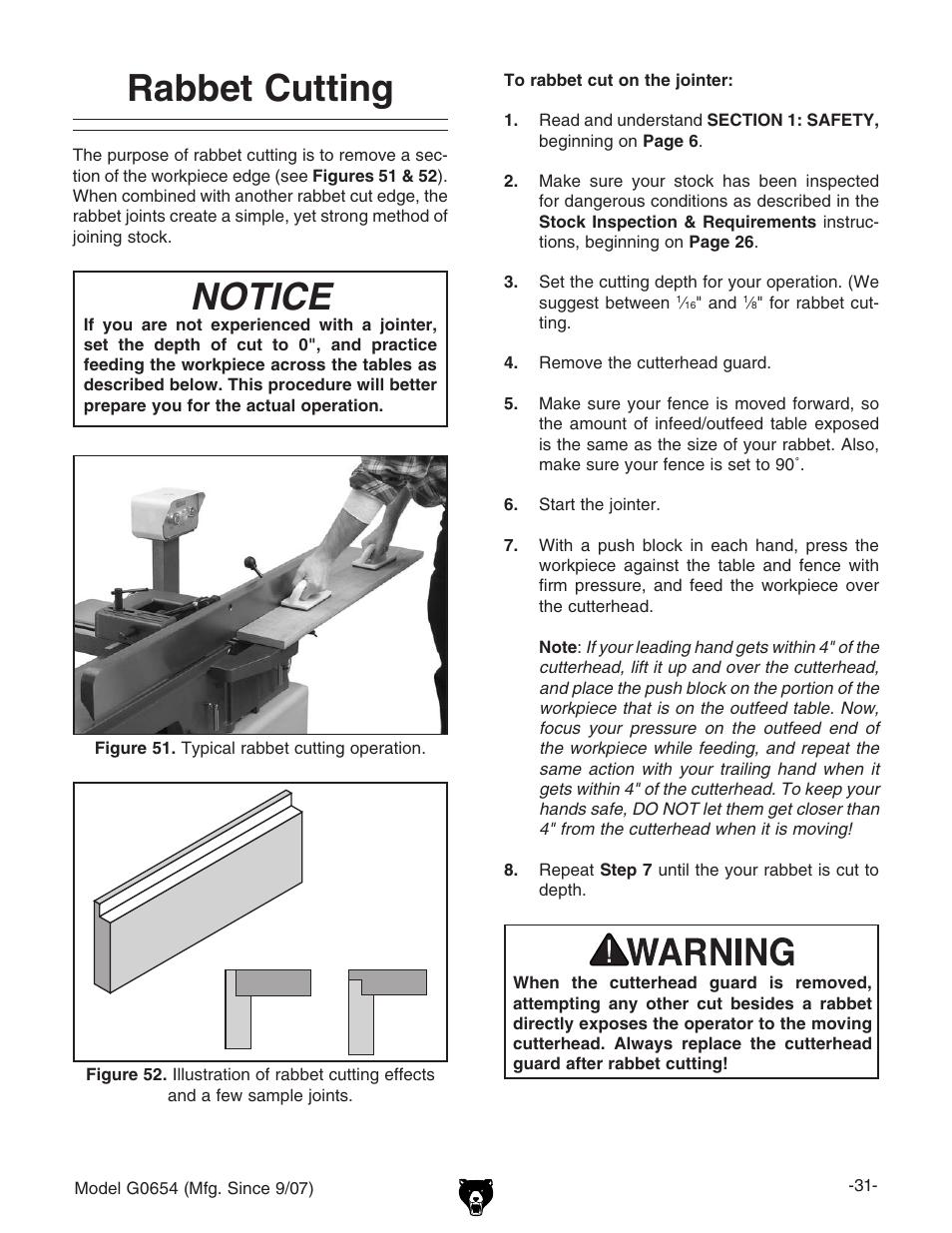 Rabbet cutting, Notice | Grizzly G0654 User Manual | Page 33 / 56