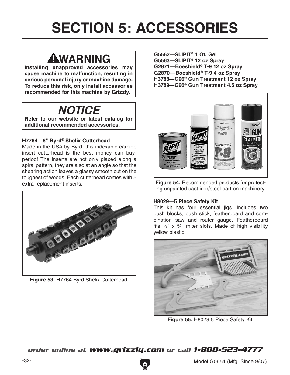 Section 5: accessories, Notice, Order online at | Or call | Grizzly G0654 User Manual | Page 34 / 56