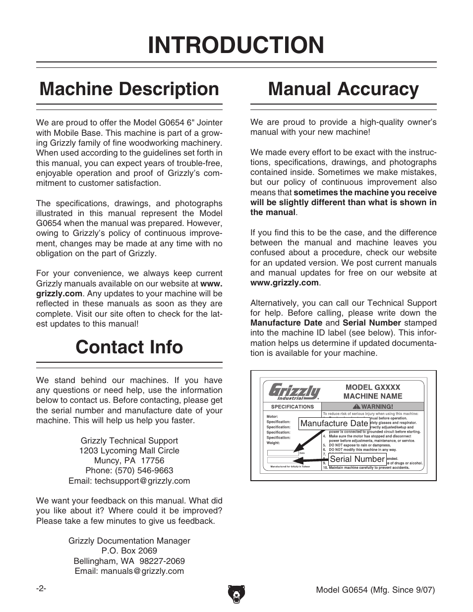 Introduction, Machine description contact info manual accuracy, Machine description | Manual accuracy, Contact info | Grizzly G0654 User Manual | Page 4 / 56