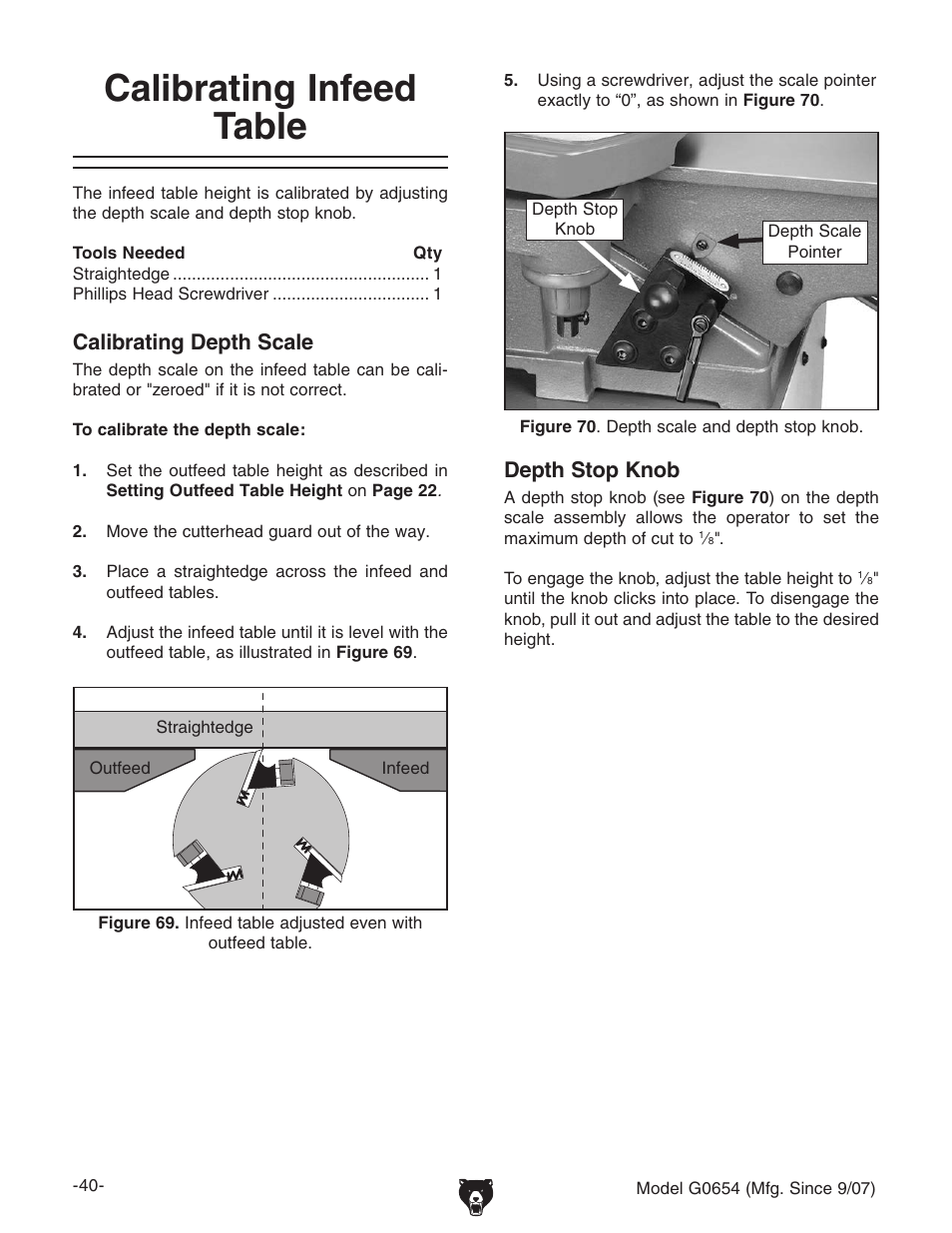 Calibrating infeed table, Calibrating depth scale, Depth stop knob | Grizzly G0654 User Manual | Page 42 / 56