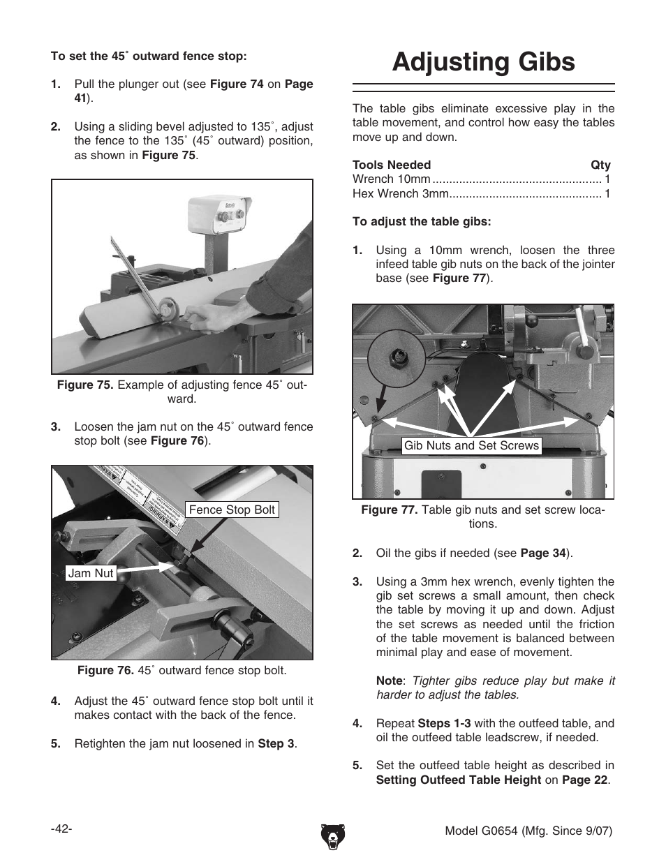 Adjusting gibs | Grizzly G0654 User Manual | Page 44 / 56