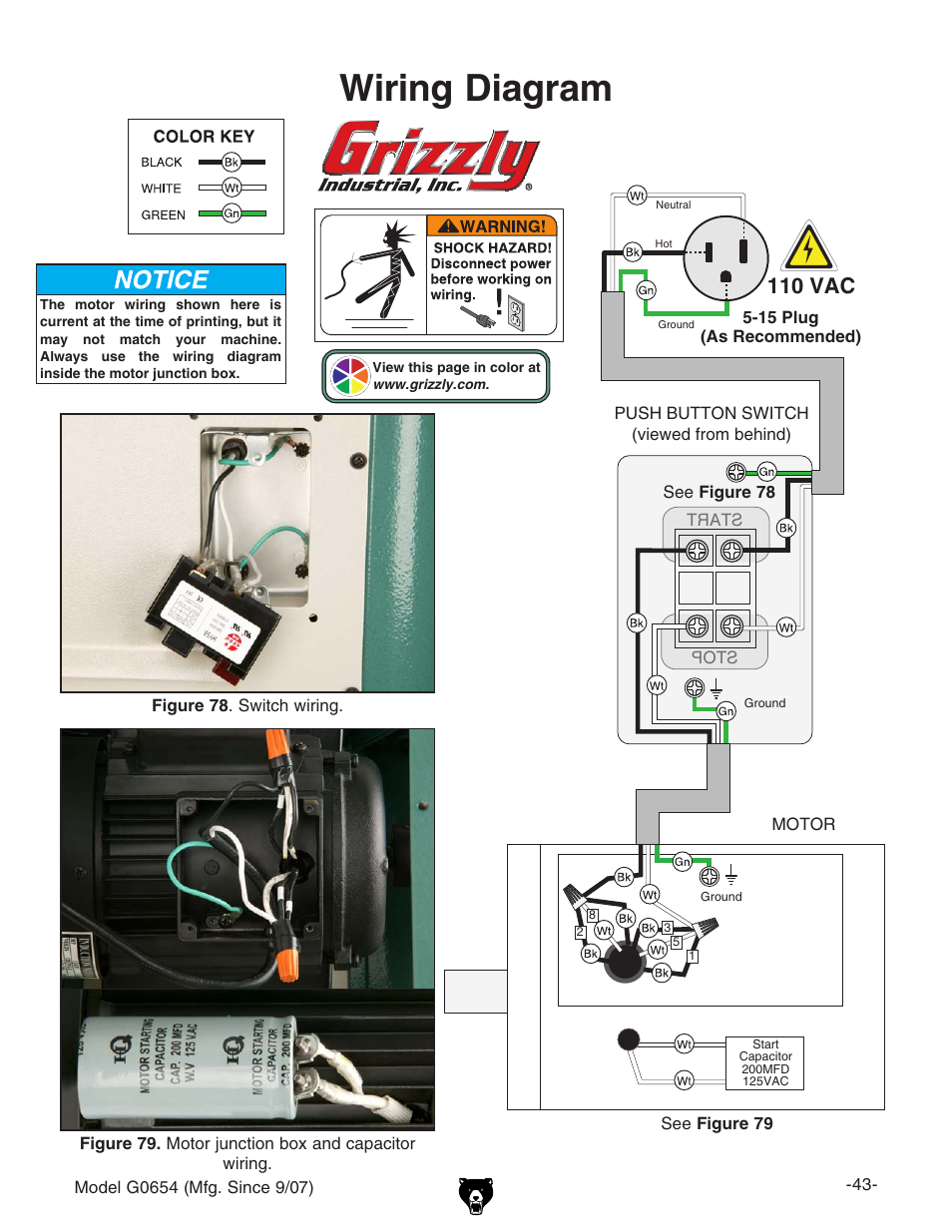 Wiring diagram, 110 vac | Grizzly G0654 User Manual | Page 45 / 56