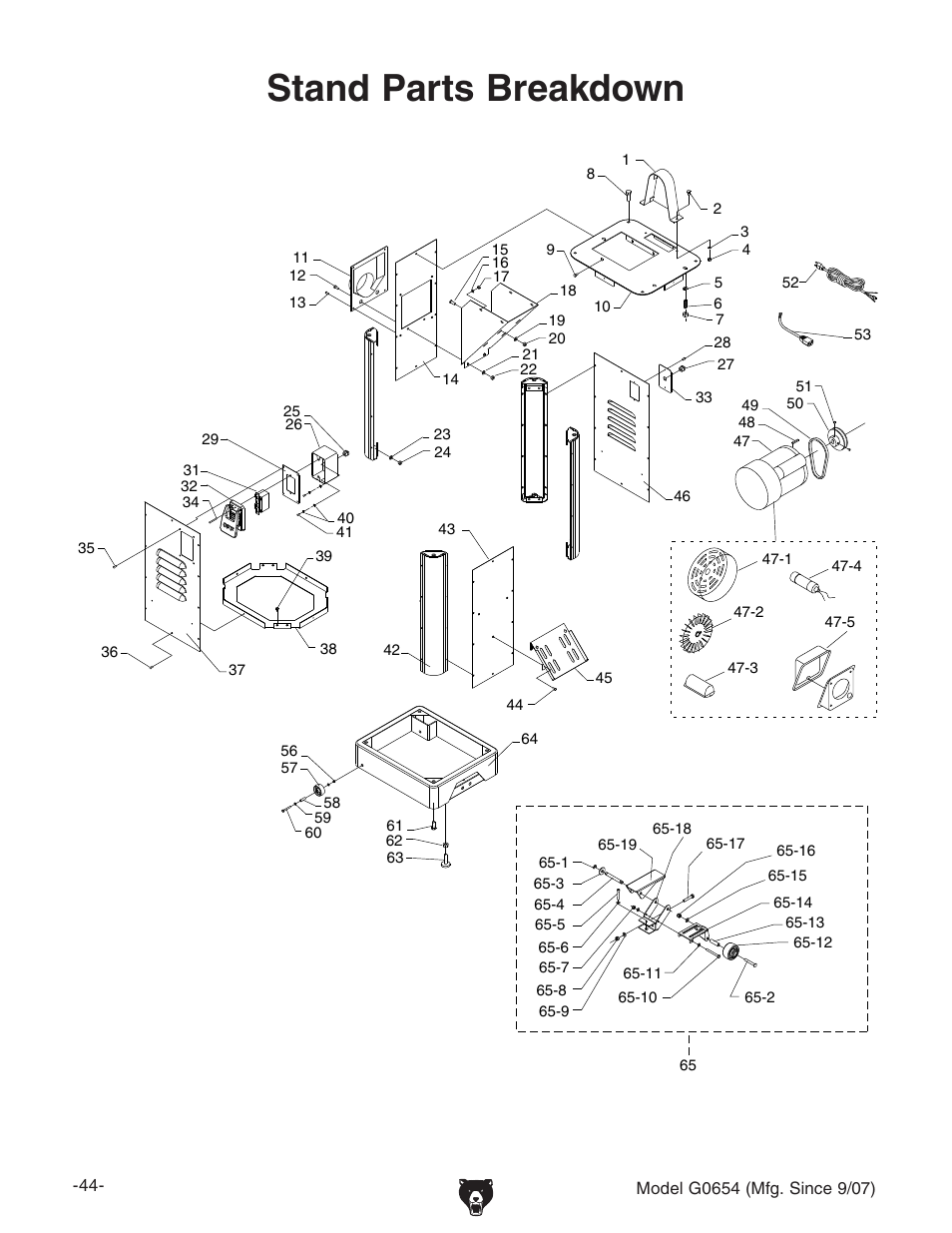 Stand parts breakdown | Grizzly G0654 User Manual | Page 46 / 56