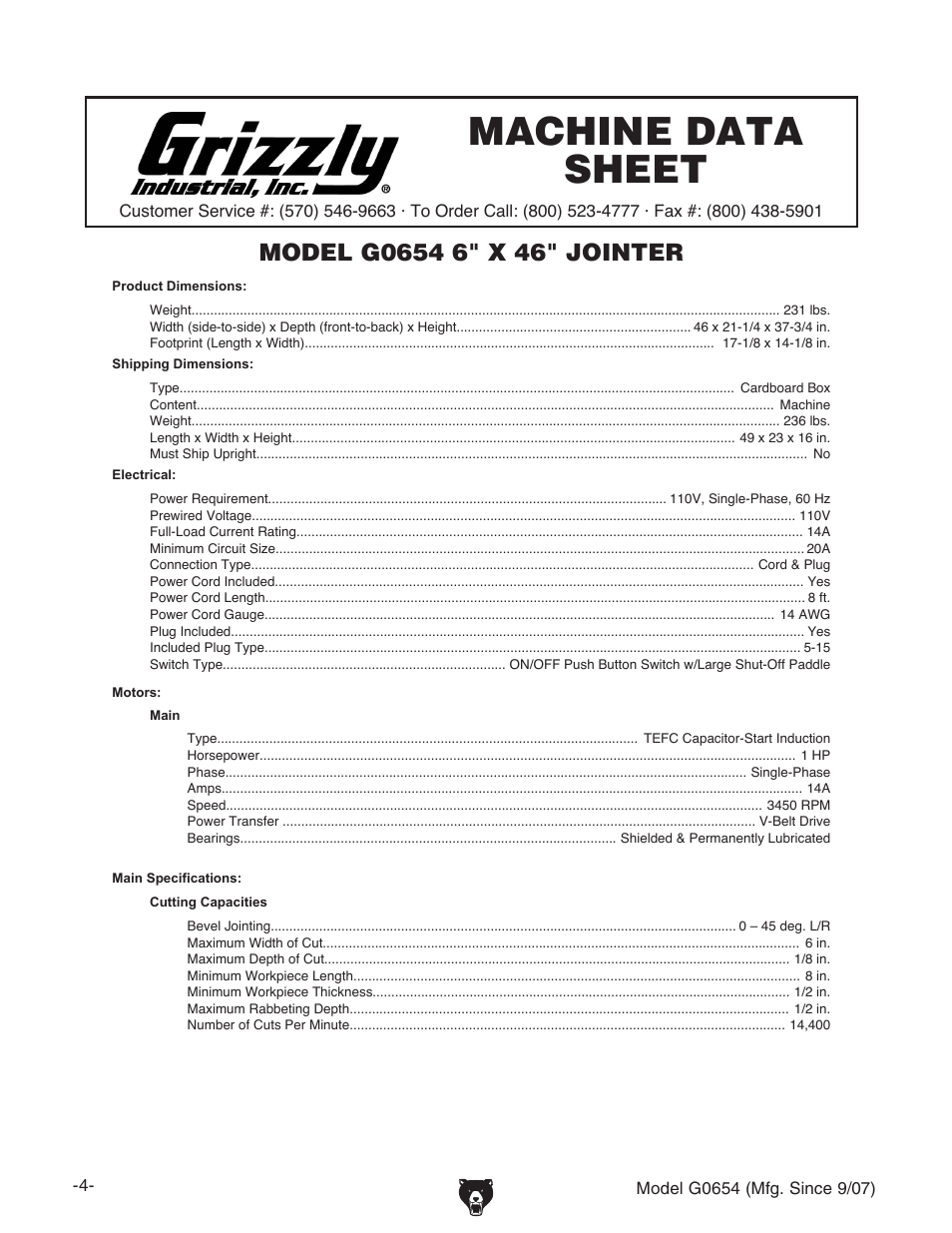 Machine data sheet | Grizzly G0654 User Manual | Page 6 / 56