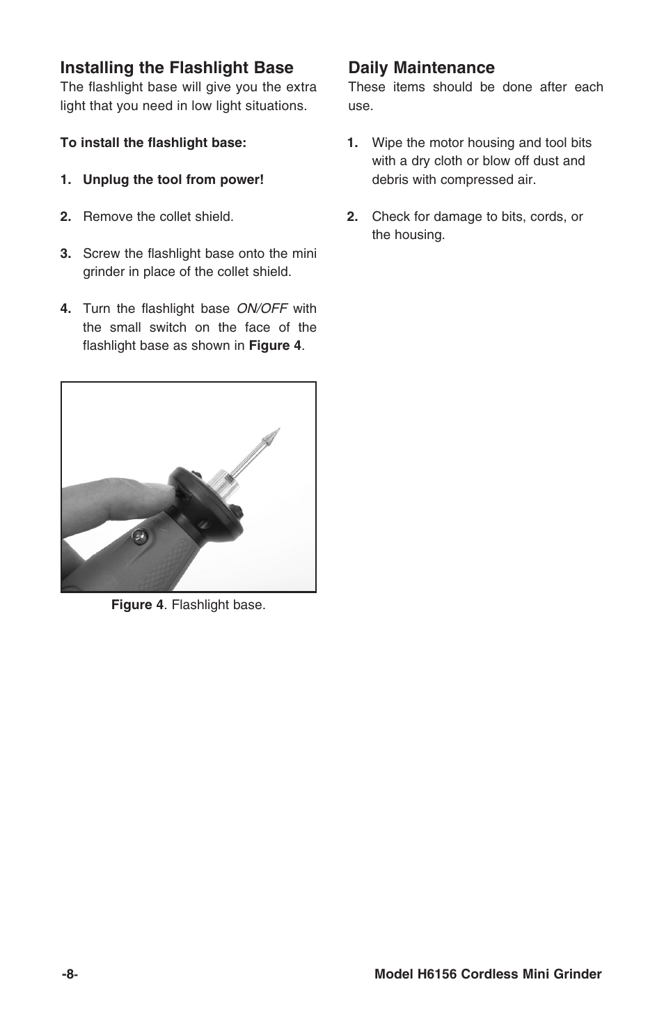 Daily maintenance, Installing the flashlight base | Grizzly H6156 User Manual | Page 10 / 16