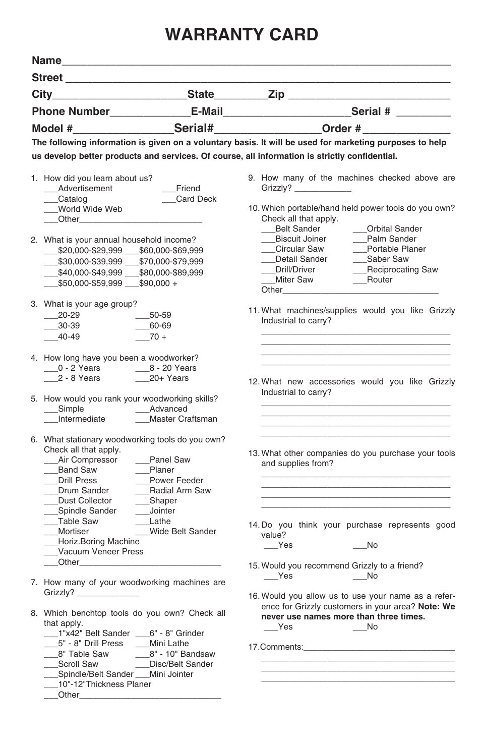 Warranty card, Serial, City | State, Phone number, E-mail, Serial # _________ model, Order | Grizzly H6156 User Manual | Page 15 / 16