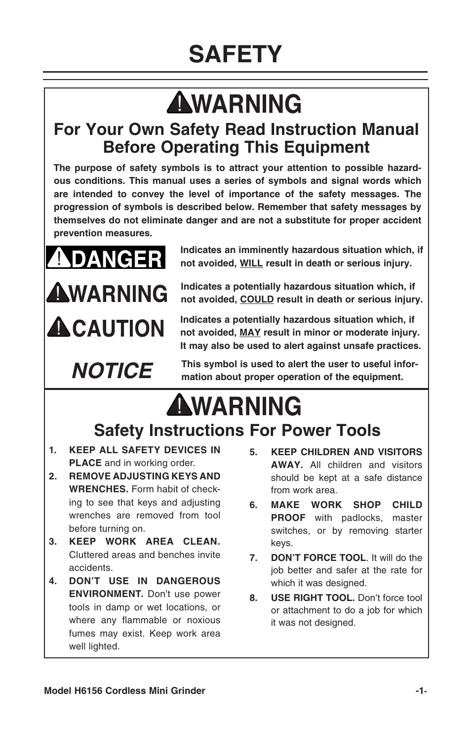 Safety, Notice, Safety instructions for power tools | Grizzly H6156 User Manual | Page 3 / 16