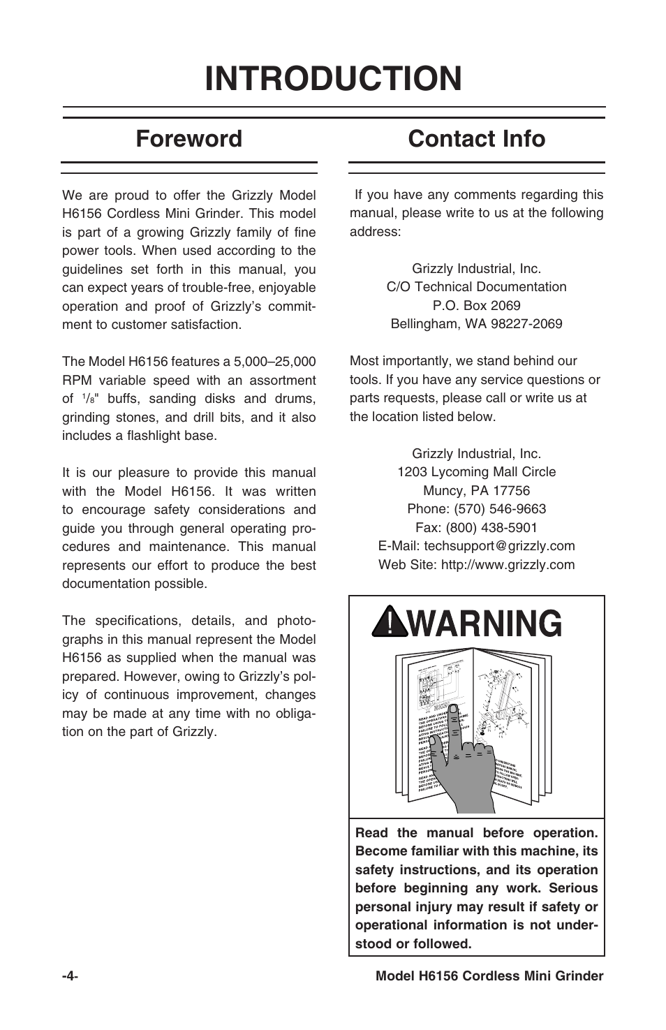 Introduction, Foreword contact info | Grizzly H6156 User Manual | Page 6 / 16