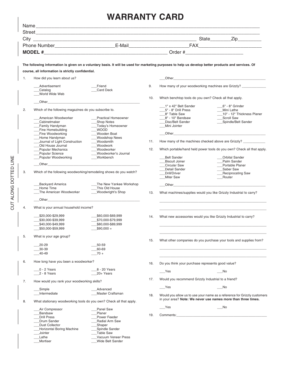 Warranty card, Cut along dotted line | Grizzly H3122 User Manual | Page 21 / 24