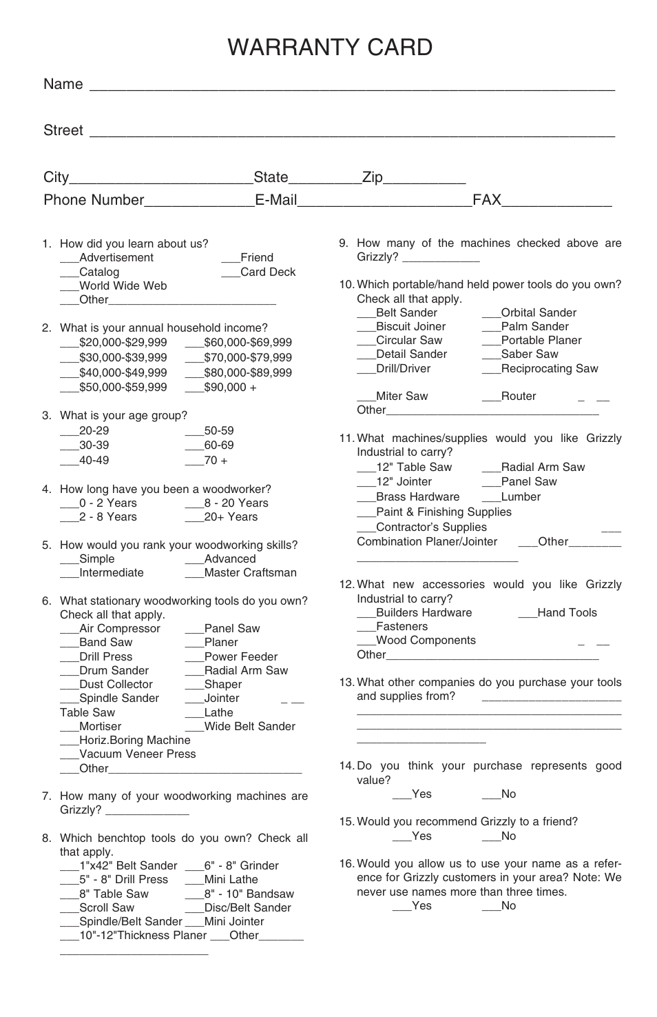 Warranty card, Name, Street | City, State, Phone number, E-mail | Grizzly H0799 User Manual | Page 12 / 13