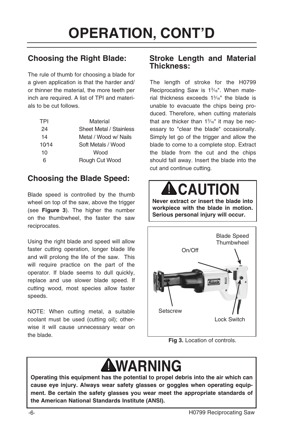 Operation, Cont’d, Stroke length and material thickness | Choosing the right blade, Choosing the blade speed | Grizzly H0799 User Manual | Page 7 / 13