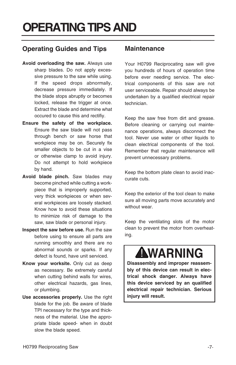Operating tips and, Operating guides and tips, Maintenance | Grizzly H0799 User Manual | Page 8 / 13