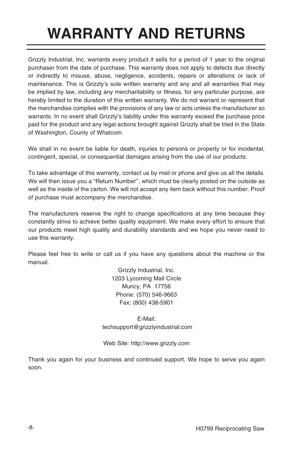 Warranty and returns | Grizzly H0799 User Manual | Page 9 / 13
