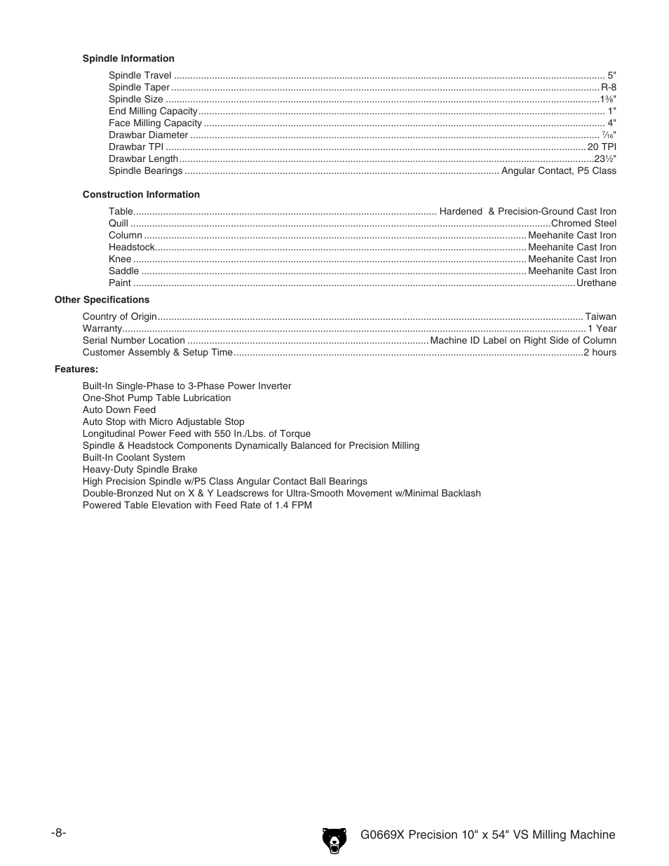 Grizzly VS MILLING MACHINE G0669X User Manual | Page 10 / 76