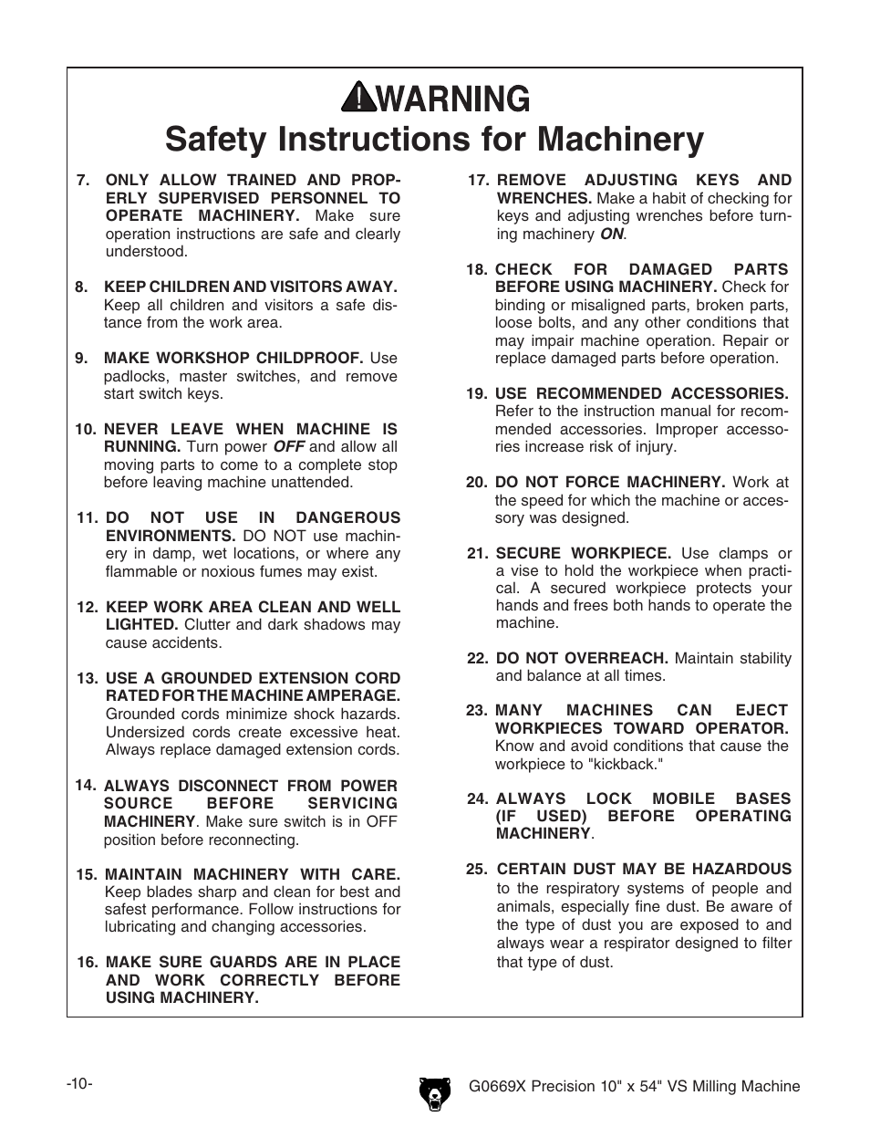 3afety | Grizzly VS MILLING MACHINE G0669X User Manual | Page 12 / 76