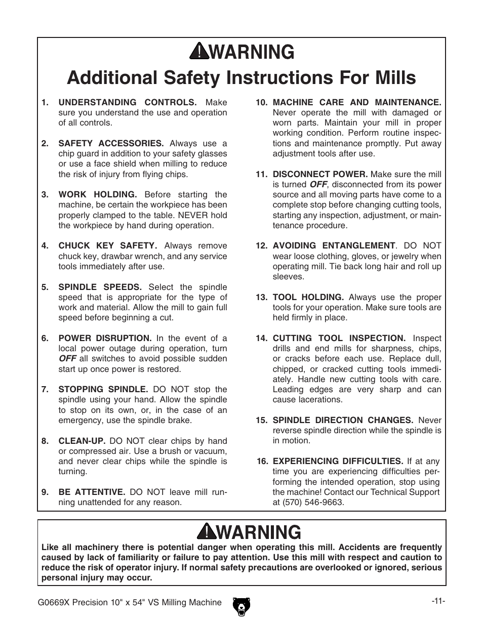 Additional safety instructions for mills | Grizzly VS MILLING MACHINE G0669X User Manual | Page 13 / 76