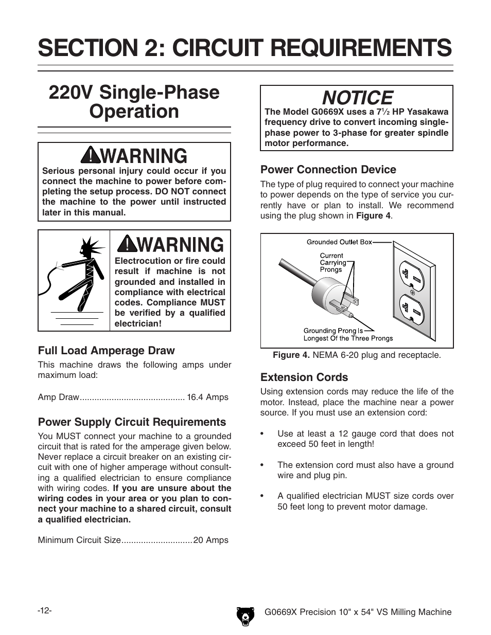 220v single-phase operation, Notice | Grizzly VS MILLING MACHINE G0669X User Manual | Page 14 / 76