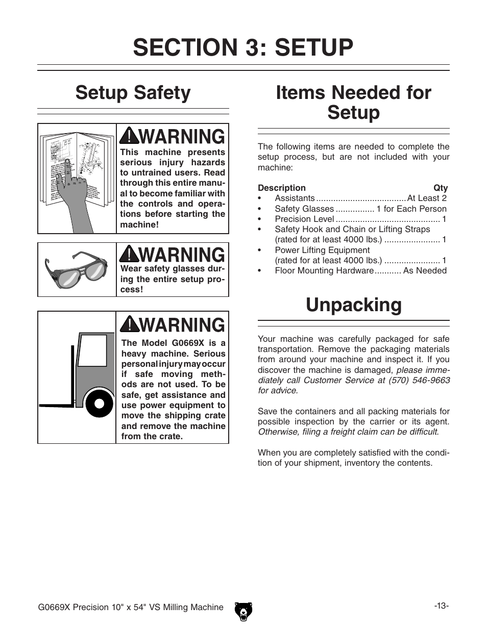 Setup safety, Items needed for setup, Unpacking | Grizzly VS MILLING MACHINE G0669X User Manual | Page 15 / 76