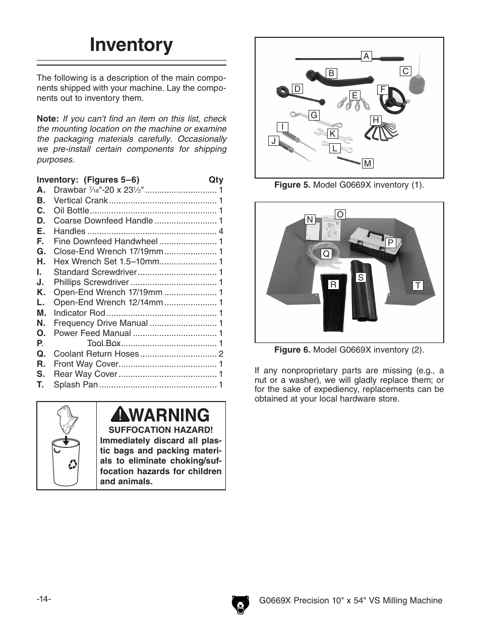 Inventory | Grizzly VS MILLING MACHINE G0669X User Manual | Page 16 / 76