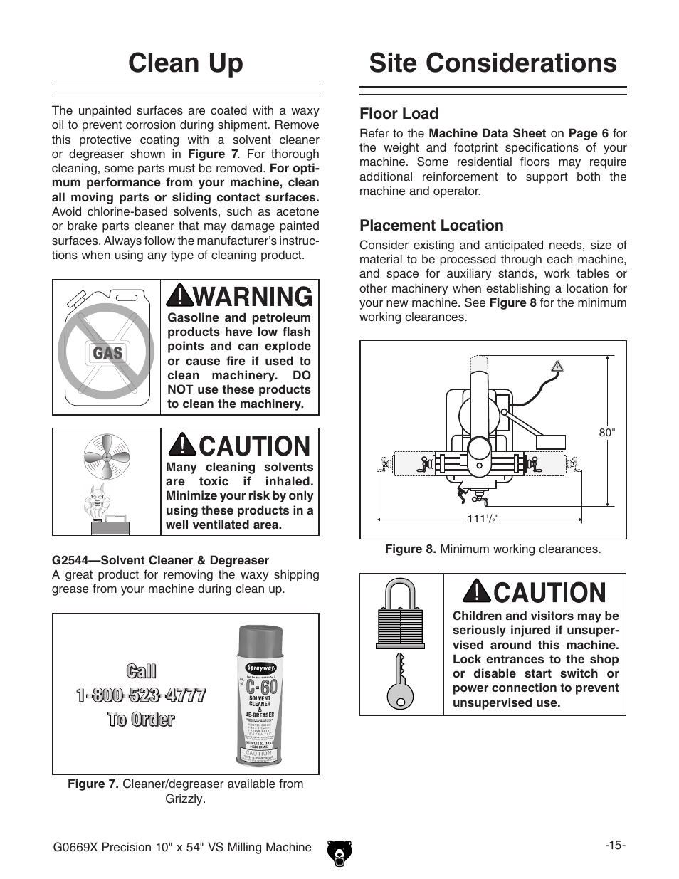 Site considerations, Clean up, Floor load | Placement location | Grizzly VS MILLING MACHINE G0669X User Manual | Page 17 / 76