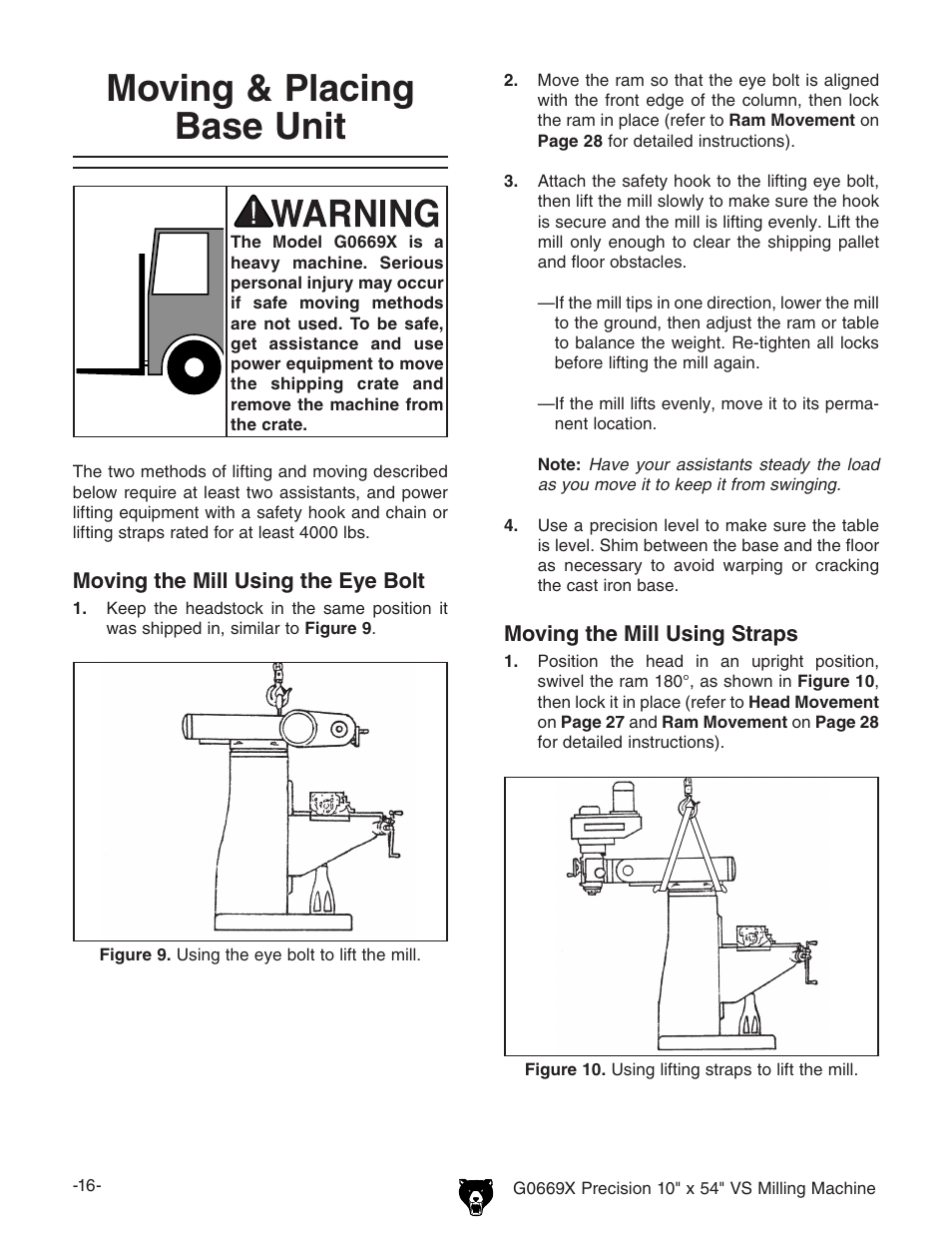 Moving & placing base unit | Grizzly VS MILLING MACHINE G0669X User Manual | Page 18 / 76