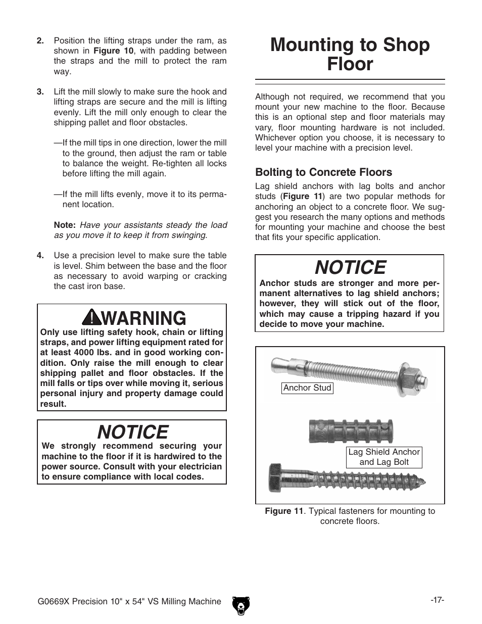 Mounting to shop floor notice, Notice | Grizzly VS MILLING MACHINE G0669X User Manual | Page 19 / 76