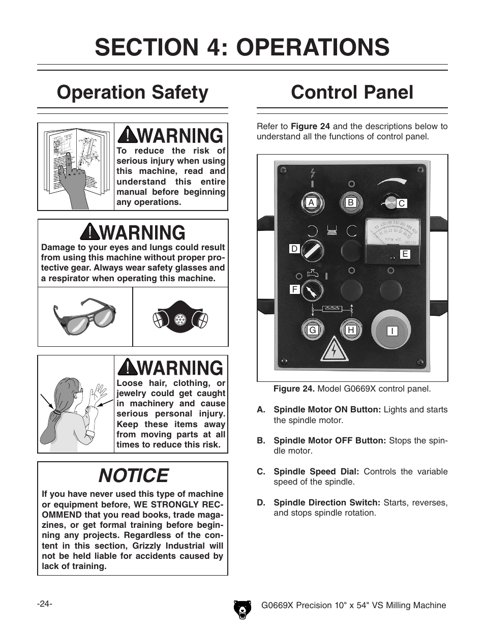 Notice, Operation safety, Control panel | Grizzly VS MILLING MACHINE G0669X User Manual | Page 26 / 76