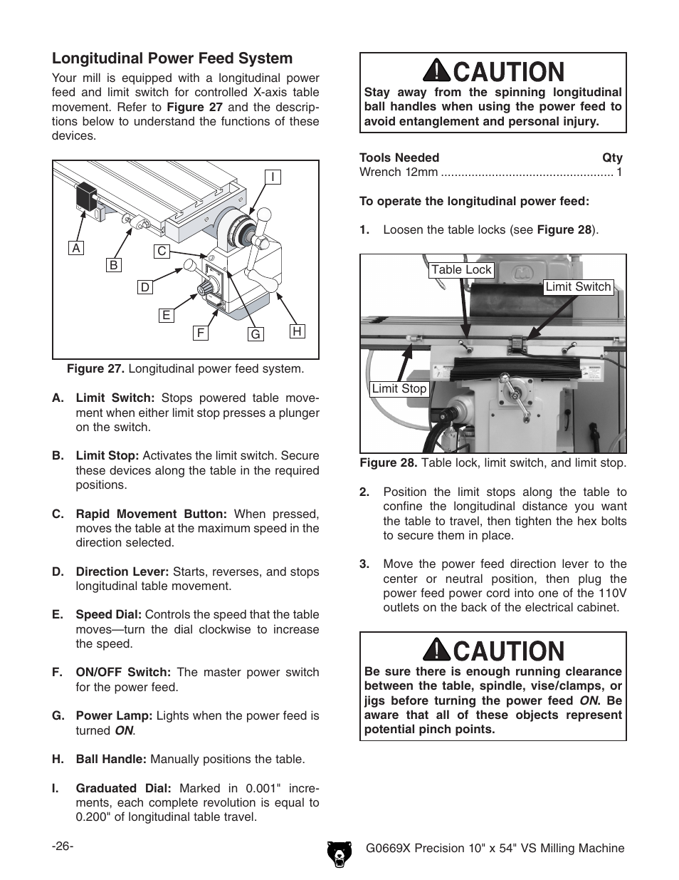 Longitudinal power feed system | Grizzly VS MILLING MACHINE G0669X User Manual | Page 28 / 76