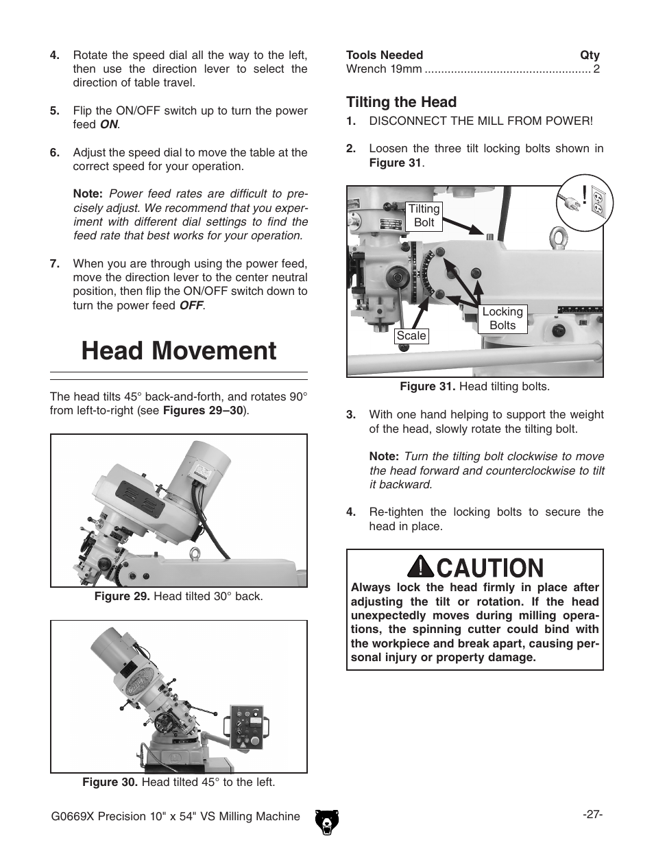 Head movement, Tilting the head | Grizzly VS MILLING MACHINE G0669X User Manual | Page 29 / 76