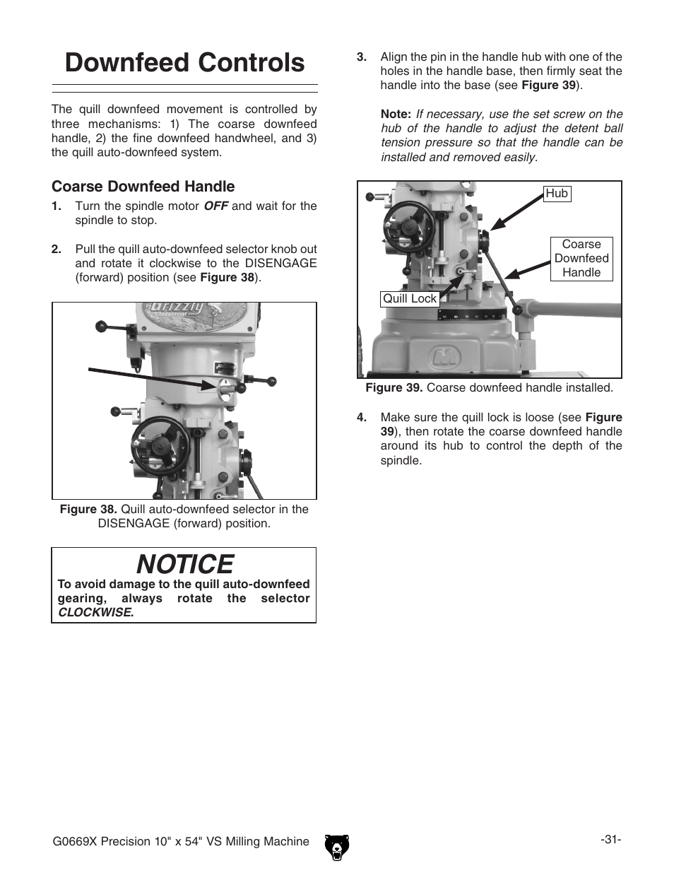 Downfeed controls, Notice | Grizzly VS MILLING MACHINE G0669X User Manual | Page 33 / 76