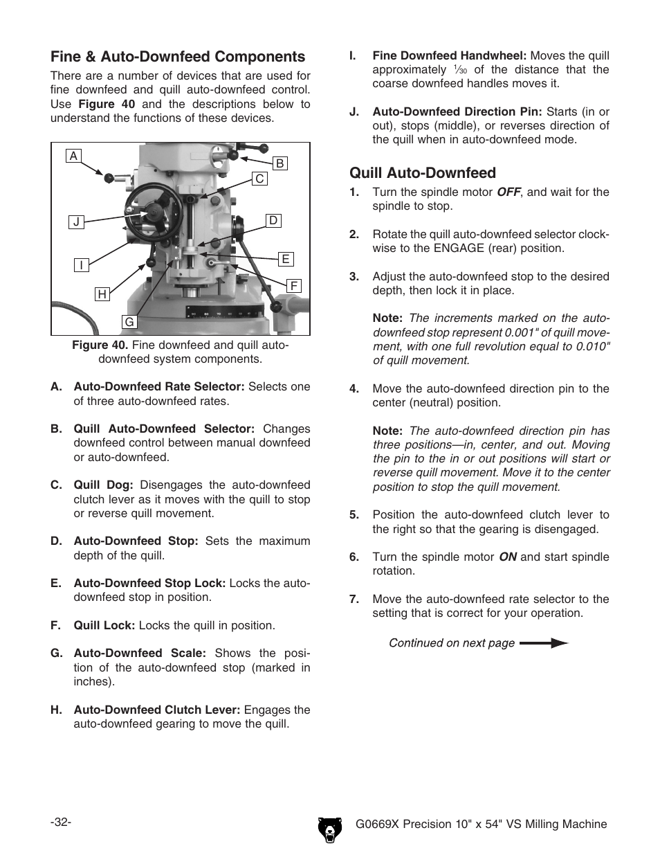 Quill auto-downfeed, Fine & auto-downfeed components | Grizzly VS MILLING MACHINE G0669X User Manual | Page 34 / 76