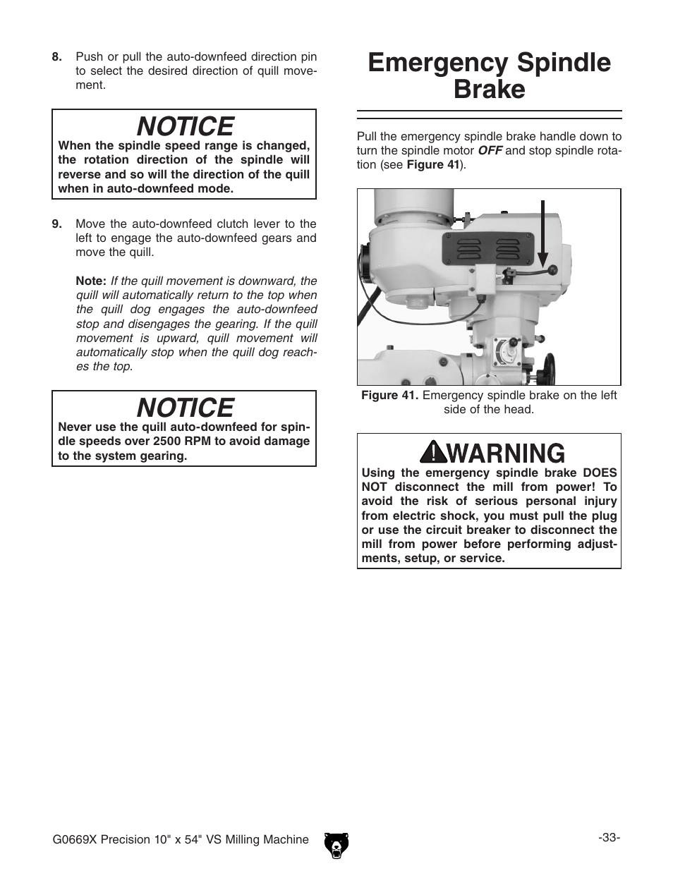 Notice, Emergency spindle brake | Grizzly VS MILLING MACHINE G0669X User Manual | Page 35 / 76