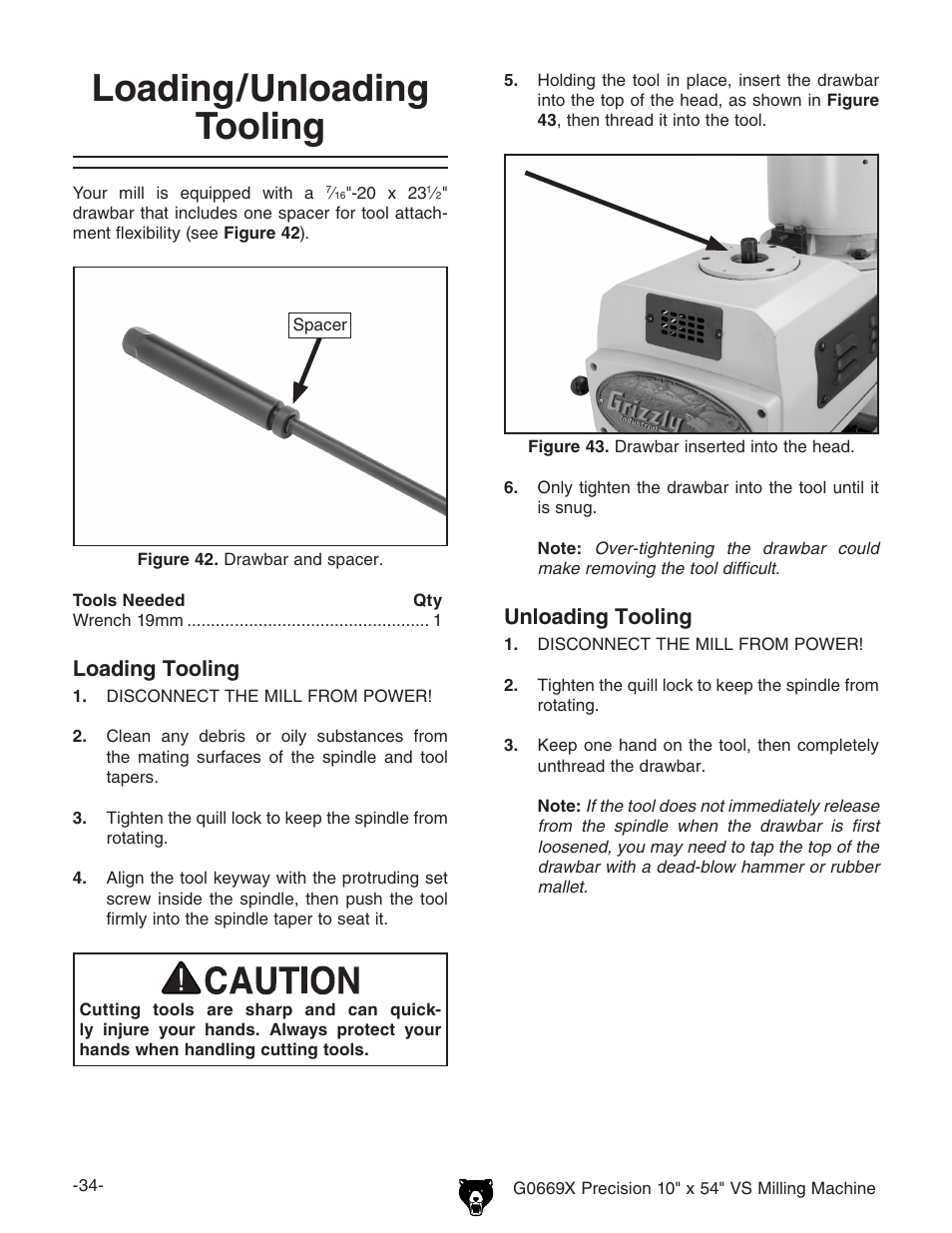 Loading/unloading tooling, Loading tooling, Unloading tooling | Grizzly VS MILLING MACHINE G0669X User Manual | Page 36 / 76