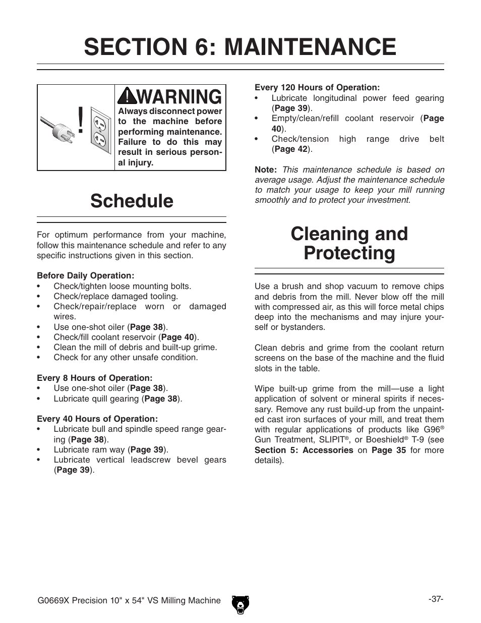 Schedule, Cleaning and protecting | Grizzly VS MILLING MACHINE G0669X User Manual | Page 39 / 76