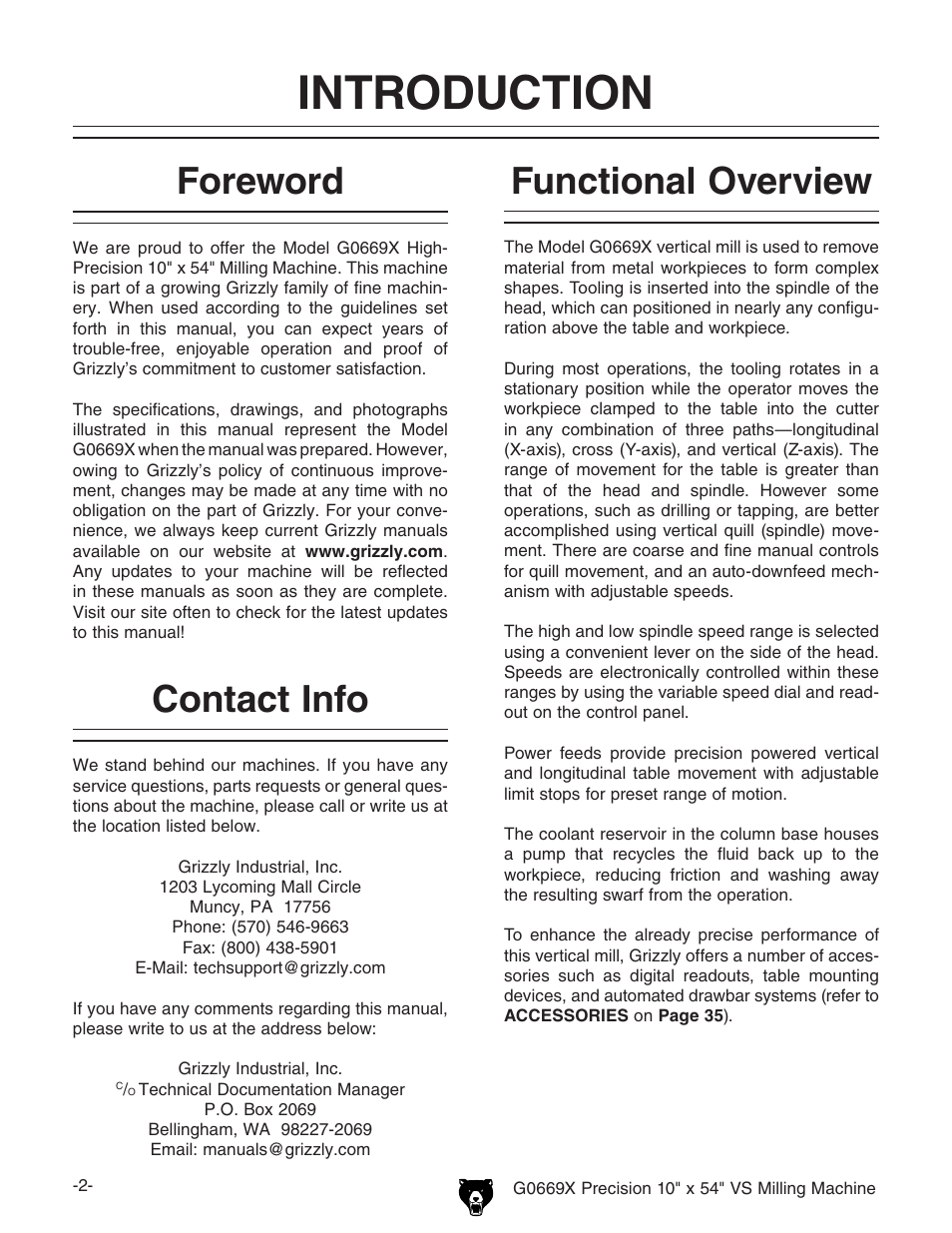 Introduction, Foreword, Contact info functional overview | Grizzly VS MILLING MACHINE G0669X User Manual | Page 4 / 76