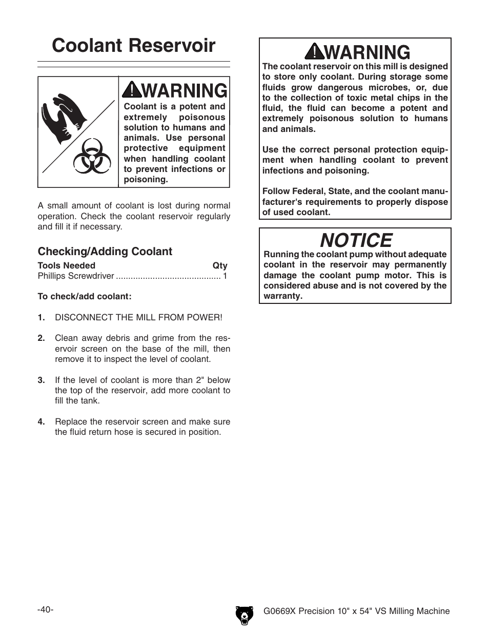 Coolant reservoir, Notice | Grizzly VS MILLING MACHINE G0669X User Manual | Page 42 / 76