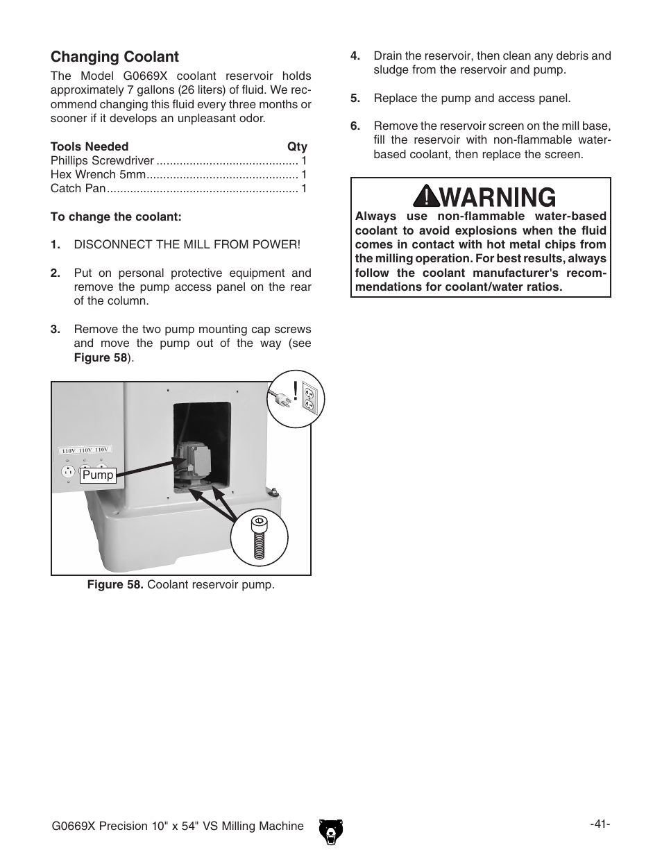 Changing coolant | Grizzly VS MILLING MACHINE G0669X User Manual | Page 43 / 76