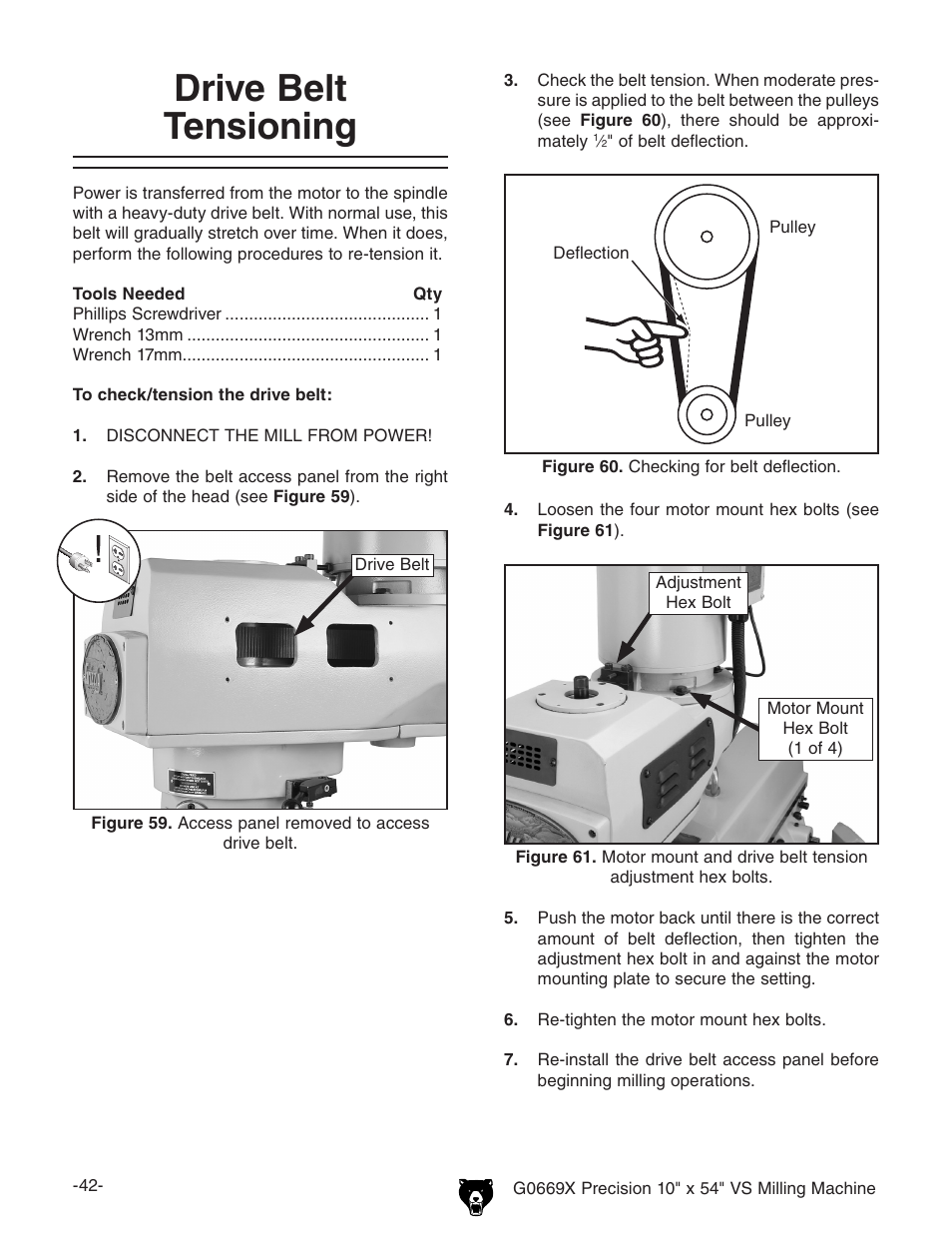 Drive belt tensioning | Grizzly VS MILLING MACHINE G0669X User Manual | Page 44 / 76