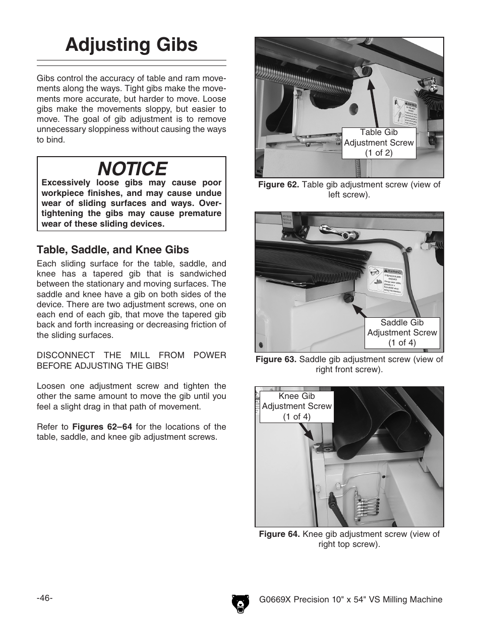 Adjusting gibs, Notice | Grizzly VS MILLING MACHINE G0669X User Manual | Page 48 / 76