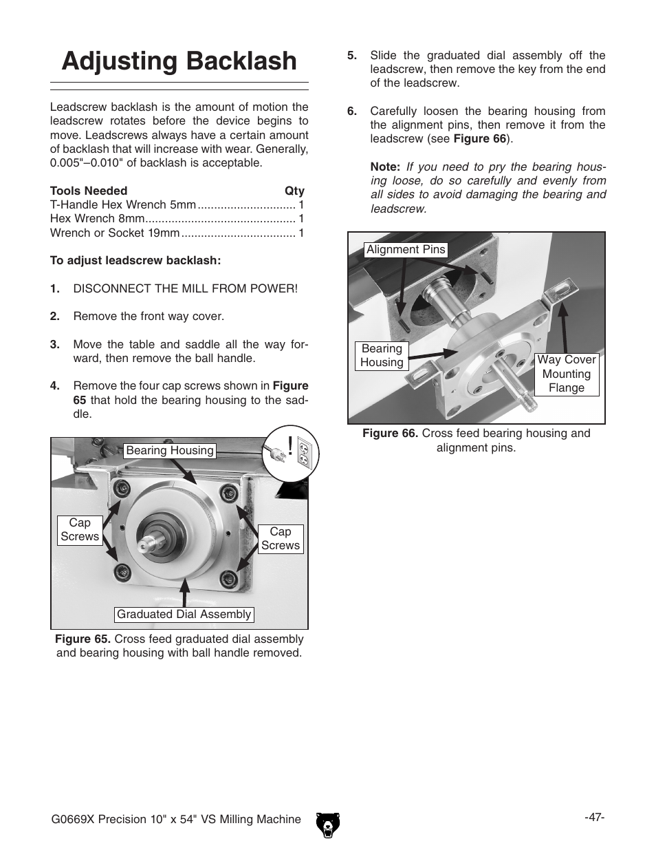 Adjusting backlash | Grizzly VS MILLING MACHINE G0669X User Manual | Page 49 / 76