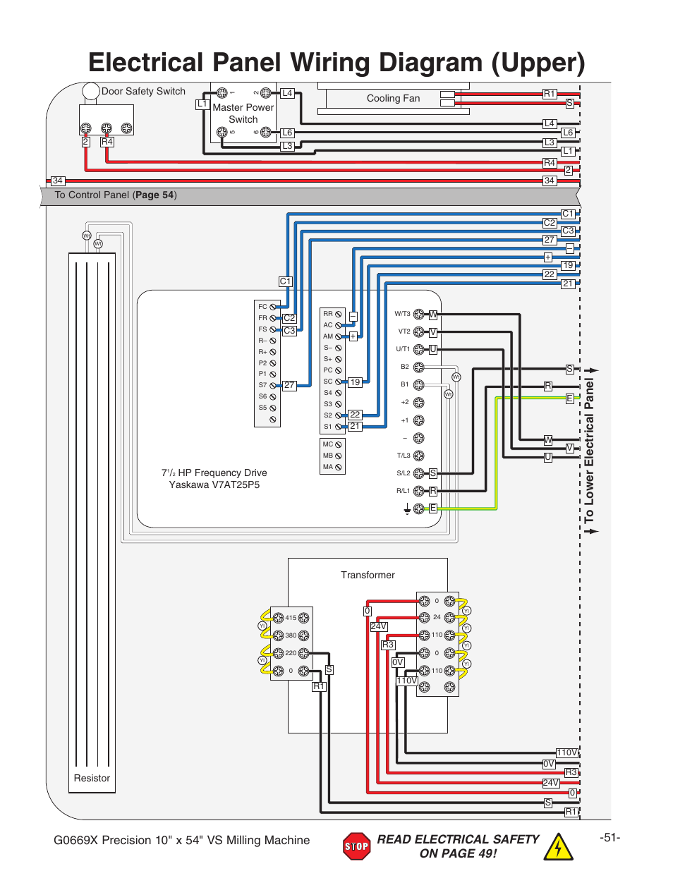Electrical panel wiring diagram (upper), Electrical panel upper | Grizzly VS MILLING MACHINE G0669X User Manual | Page 53 / 76
